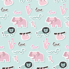 Obraz premium Vector sticker pattern with elephant, lion, sloth, snake.Tropical jungle cartoon creatures.Pastel animals background.Cute natural pattern for fabric, childrens clothing,textiles,wrapping paper.