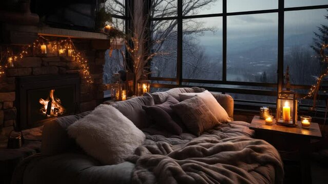 Cozy room with fireplace and beautiful view from the window