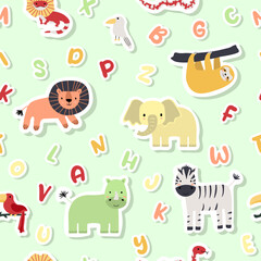 Vector sticker pattern with lion, zebra, rhinoceros, elephant, sloth,alphabet.Tropical jungle cartoon creatures.Cute natural pattern for fabric, childrens clothing,textiles,wrapping paper.
