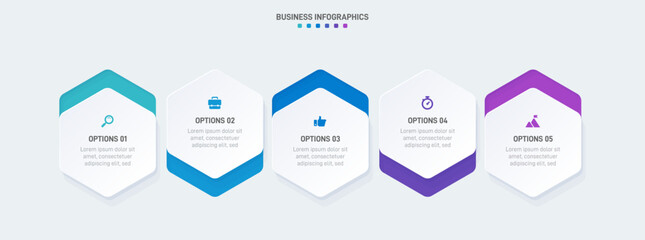 Timeline infographic with infochart. Modern presentation template with 5 spets for business process. Website template on white background for concept modern design. Horizontal layout.