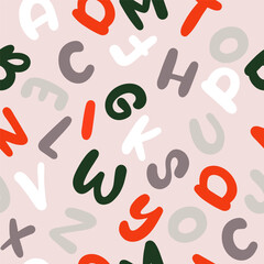 Abstract vector seamless pattern with alphabet. Cute doodle print for kids. For print, web, home decor, fashion, surface, graphic design. Vector illustration