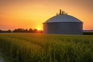 Sunset scene featuring a biogas plant and a corn field. Generative AI