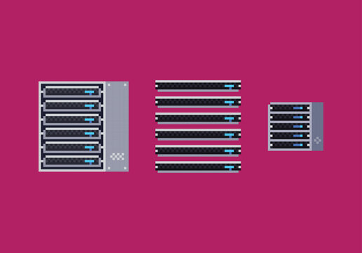 Pixel art vector illustration of grey server rack cabinet, server blade icon set. Cloud computing technology object on dark background