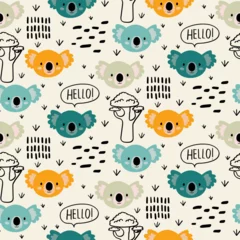 Fotobehang Vector seamless pattern with koala.Tropical jungle cartoon creatures.Pastel animals background.Cute natural pattern for fabric, childrens clothing,textiles,wrapping paper. © Оксана Омельченко