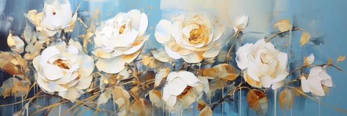 White roses flowers on abstract blue background in oil painting style, wall art poster