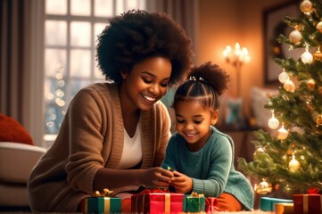 Happy small adorable african american child girl decorating Christmas tree with happy young mother, putting toys on branches, enjoying preparing for New Year celebration at home, miracle time concept