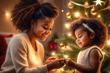Obraz na płótnie Canvas Happy small adorable african american child girl decorating Christmas tree with happy young mother, putting toys on branches, enjoying preparing for New Year celebration at home, miracle time concept