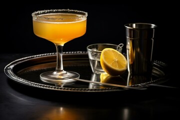 Yellow sidecar cocktail with cognac, liqueur, lemon juice, and ice on a black background. Steel bar tools and copy space. Generative AI