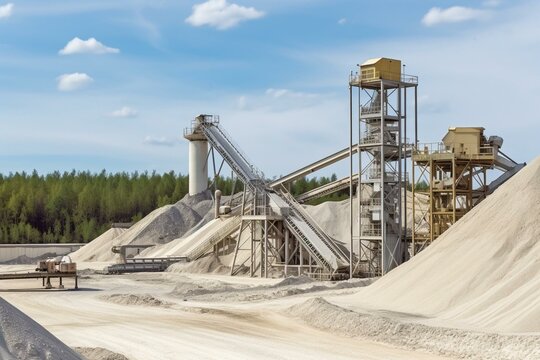 Cement factory with machinery loading stones and gravel on conveyor belt at a mining quarry. Generative AI