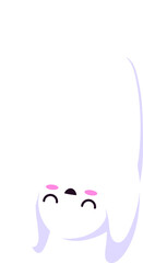 Cartoon halloween kawaii ghost character flying upside down with a playful grin. Isolated vector cute and adorable spook personage adds a charming and whimsical touch to the spooky holiday celebration