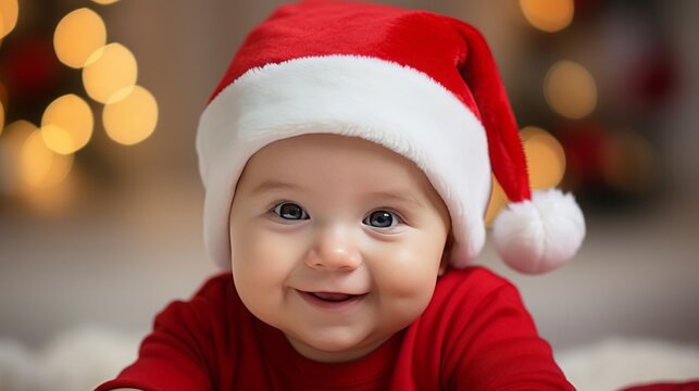 Closeup portrait of a sweet little baby boy wearing red festive Santa hat, concept: Christmas, 16:9