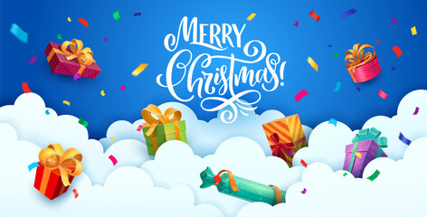 Fototapeta na wymiar Christmas paper cut clouds with presents. 3d vector cloudscape with papercut layered effect, festive gift boxes and lettering. Decorative holiday background for magic xmas time greeting or celebration