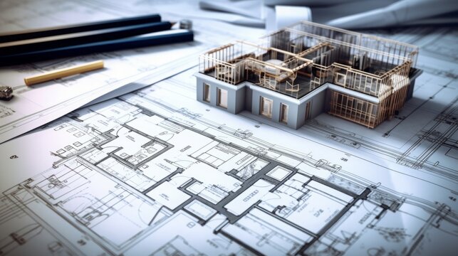 Architect rolls and architectural plan, technical project drawing, concept: Real estate crisis, 16:9