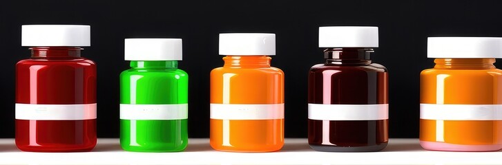 Many different drugs in pills, tablets and syringe in packages and laboratory bottles and flasks. Panoramic Banner for pharmaceutical and healthcare and drug research labs. Sport nutrition concept