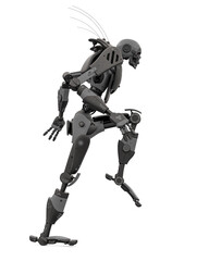 skeleton robot is marching white background side view