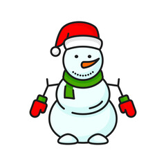 Cute Christmas snowman in hat, scarf and mittens isolated New Year character line icon. Vector winter holidays New Year and Xmas snowman