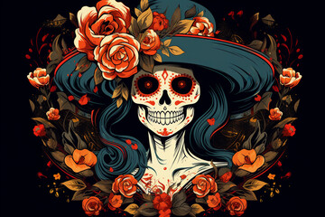 La Catrina dia de muertos bemalter Schädel mit Maske / Make-up. Dekoriert mit Blumen. Tag der Toten in Mexico. Querformat. Generative Ai.