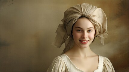 Female model smiling facing the camera, wearing ancient clothes of the 17th-18th century