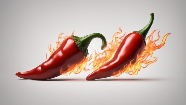 Two red pepper pods are engulfed in flames on a white isolated background.
