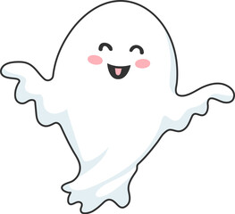 Cartoon kawaii Halloween ghost character with cheerful expression, and playful grin floating in the air. Isolated cute vector baby spook, white phantom personage captures festive spirit of the season