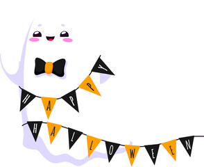 Cartoon halloween kawaii ghost character adorned with festive garland and bow tie. Adorable baby spirit personage decorated with black and orange flags adding a charming and spooky touch to holiday