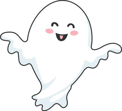 Cartoon kawaii Halloween ghost character with cheerful expression, and playful grin floating in the air. Isolated cute vector baby spook, white phantom personage captures festive spirit of the season