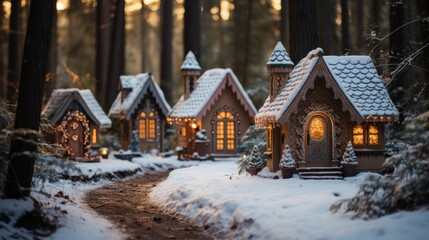 houses with gingerbread houses design with luminous windows in a snowy forest.