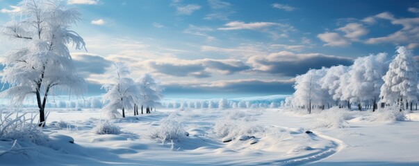 Fototapeta na wymiar winter serene plain, snow-covered trees standing around. calm winter scene.