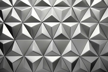 Polished, opulent 3D wallpaper featuring silver triangular tile blocks. Generative AI