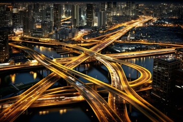 Fototapeta na wymiar Nighttime aerial view of cityscape with traffic crossing river. Generative AI