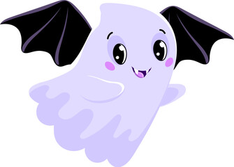 Cartoon cute Halloween kawaii ghost or vampire boo, vector funny character for horror holiday. Halloween night cute spooky ghost flying on vampire bat wings with fang teeth for baby boo character
