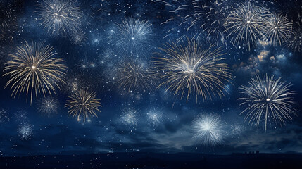 Silvester 2024 New year New Year's Eve Party background banner panorama long- firework fireworks on rustic dark blue night sky texture