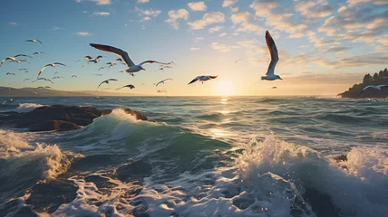 Foto auf Acrylglas A flock of seagulls flying above crashing waves. AI Generative. © Miry Haval