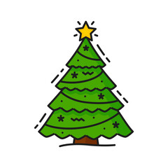 Decorated green Christmas tree with star on top line icon. Vector evergreen pine fir tree with garlands and snowflakes, Xmas New Year symbol