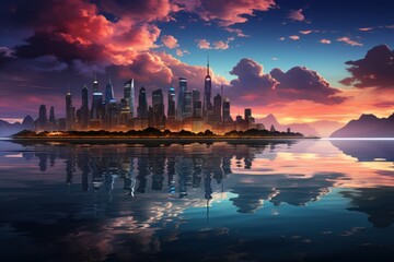 Fototapeta premium panoramic view of a luxurious city at night with neon lights