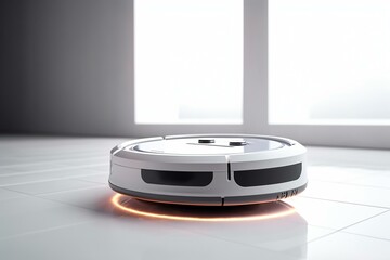 White background with white vacuum. Contemporary autonomous robotic vacuum. Cleaning floors. Small domestic and house. Generative AI