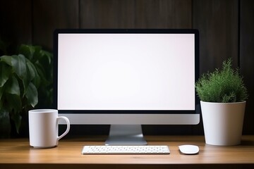 White computer monitor with space for your web design on wooden table with coffee cup, keyboard, and lamp on dark wall background in sunlit room. Generative AI