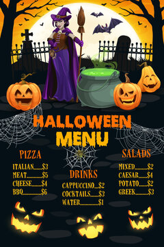 Halloween menu page with witch, cemetery, pumpkins and cobweb for holiday party, vector background. Halloween holiday festival menu for drinks and food dishes with pumpkins, witch with potion cauldron