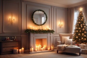 cozy domestic christmas interior with window, bed, candles and fireplace
