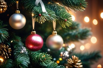 Fototapeta premium Christmas tree ornament decoration. Xmas ball red color decorated hanging on a fir branch, closeup view, copy space