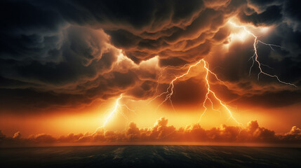 Storm warning - Weather background banner - Amazing lightning storm in orange light and dark clouds on sky