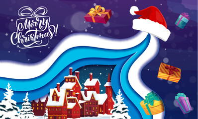Christmas paper cut greetings with santa hat and little winter town. Vector double exposition 3d effect with cartoon snowy houses, snowfall, pines at holiday eve. Night city landscape with cottages