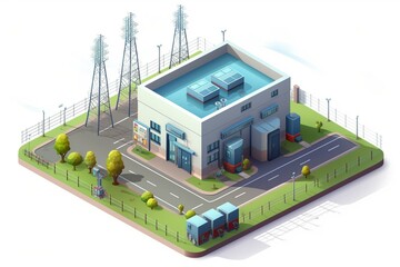Schematic electrical substation with power distribution in isometric view. Generative AI