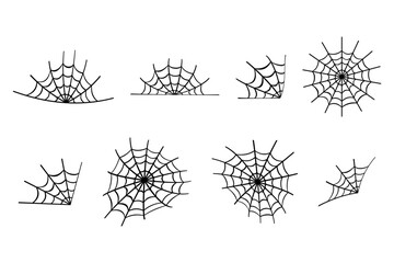 Spider web design elements set. Abstract texture of insect traps. Halloween design element. Isolated graphic template. Vector set.