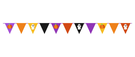 Halloween bunting pennants with ghosts and pumpkins. Garland with triangular flags.  Halloween design element. Isolated graphic template. Vector illustration.