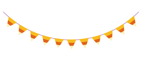 Halloween candy corn bunting. Garland with triangular flags. Decor for Halloween celebration. Isolated graphic template. Vector illustration.