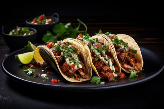 Delicious tacos with lime garnish, served on a black plate, featured in a menu and product image. Generative AI