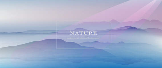 Fototapeta na wymiar Nature. Mountains banner. Panoramic aerial view. Sunlight, mist, fog. Watercolor textured vector background.