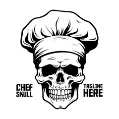 Monochrome chef skull in hat vector. Hand-drawn skeleton face for logo, label, sign, brand mark, poster, tee - PNG, Transparent Background