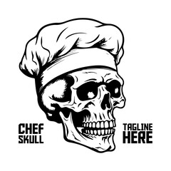 Vector of skull in chef hat. Hand-drawn skeleton face. Logo, label, sign, brand mark, poster, tee in monochrome - PNG, Transparent Background